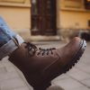 Mens Brown Leather Work Boots - Fur Lined Combat Style