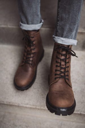 Men's Brown Crazy Horse Leather Combat Boots - Lace Up Work Boots