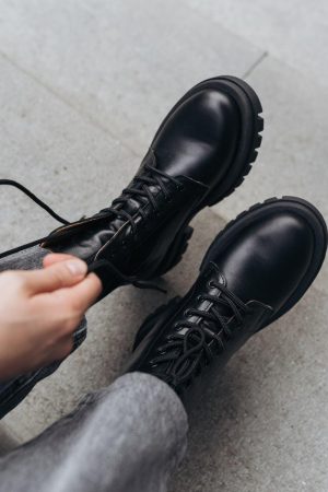 Handmade Black Leather Work Boots: Lace-up Combat Winter Shoes