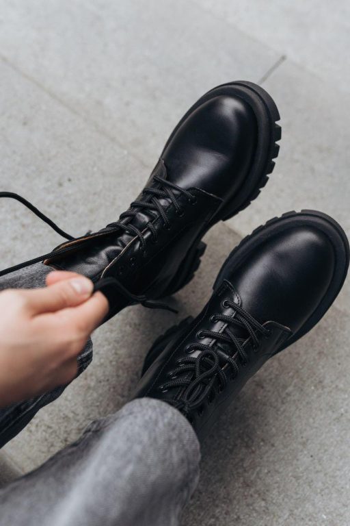 Handmade Black Leather Work Boots: Lace-up Combat Winter Shoes