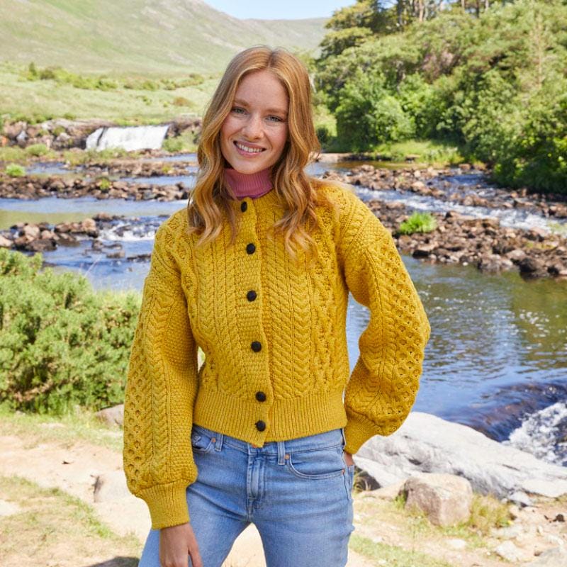 Cropped Aran Cardigan: Sunshine Yellow Merino Wool, Gift From Ireland