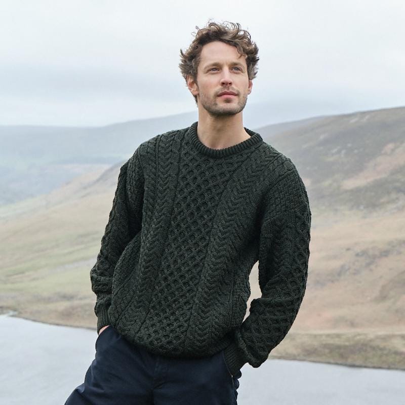 Men's Irish Aran Sweater: 100% Merino Wool Fisherman Knit