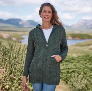 Merino Wool Hooded Aran Coat: Army Green Celtic Knit