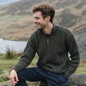 Men’s Half-zip Aran Sweater | 100% Merino Wool | Traditional Irish Knit | Army Green