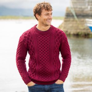 Men’s Crew Neck Irish Wool Classic Sweater | 100% Merino Wool | Traditional Aran Knit