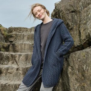 Women’s Hooded Aran Waterfall Cardigan | 100% Merino Wool | Irish Knit | Mallard Blue Long Cardigan