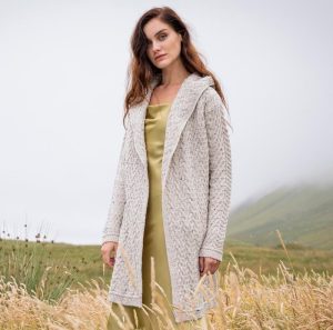 Women’s Hooded Aran Waterfall Cardigan | 100% Merino Wool | Irish Knit | Oatmeal Long Cardigan