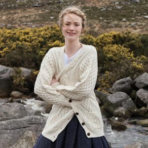 Women’s Classic Aran Boyfriend Cardigan | 100% Merino Wool | Irish Cream | Traditional Irish Knit