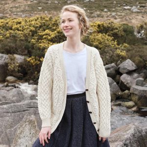 Women’s Classic Aran Boyfriend Cardigan | 100% Merino Wool | Irish Cream | Traditional Irish Knit