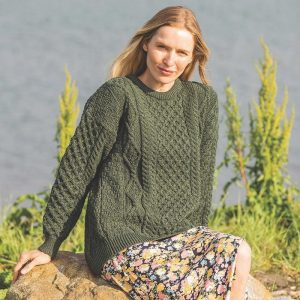 Irish Wool Aran Sweater: Lightweight Honeycomb Knit, Army Green