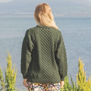 Irish Wool Aran Sweater: Lightweight Honeycomb Knit, Army Green
