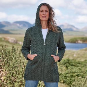Merino Wool Hooded Aran Coat: Army Green Celtic Knit
