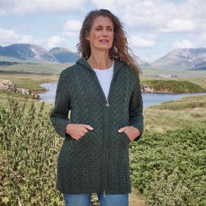 Merino Wool Hooded Aran Coat: Army Green Celtic Knit