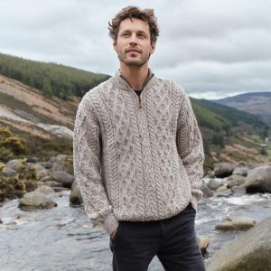 Men's Merino Wool Half-zip Aran Sweater: Traditional Irish Knit