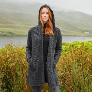 Women’s Hooded Aran Waterfall Cardigan | 100% Merino Wool | Irish Knit | Charcoal Long Cardigan