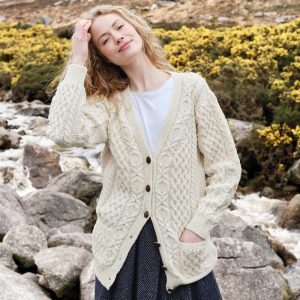Women’s Classic Aran Boyfriend Cardigan | 100% Merino Wool | Irish Cream | Traditional Irish Knit