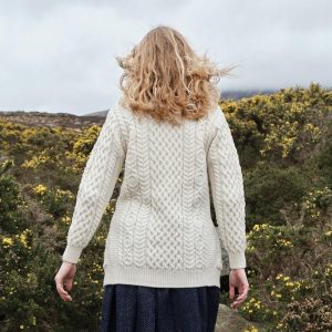 Women’s Classic Aran Boyfriend Cardigan | 100% Merino Wool | Irish Cream | Traditional Irish Knit