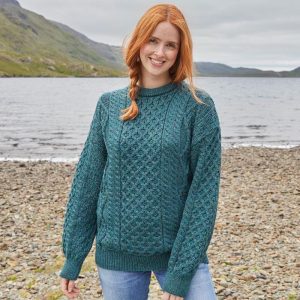 Lightweight Aran Wool Sweater: Irish Knit Honeycomb Stitch Pullover