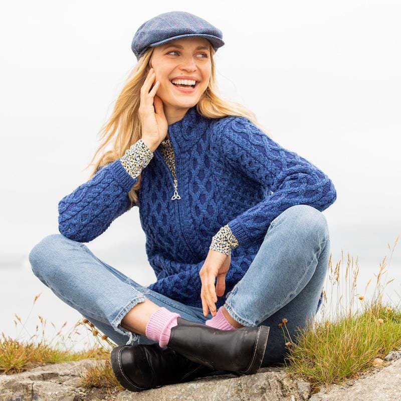 Merino Wool Aran Zip Cardigan: Traditional Irish Knit Sweater