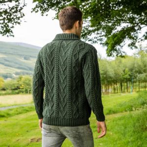 Men's Merino Wool Aran Sweater: Irish Knit V-neck Pullover