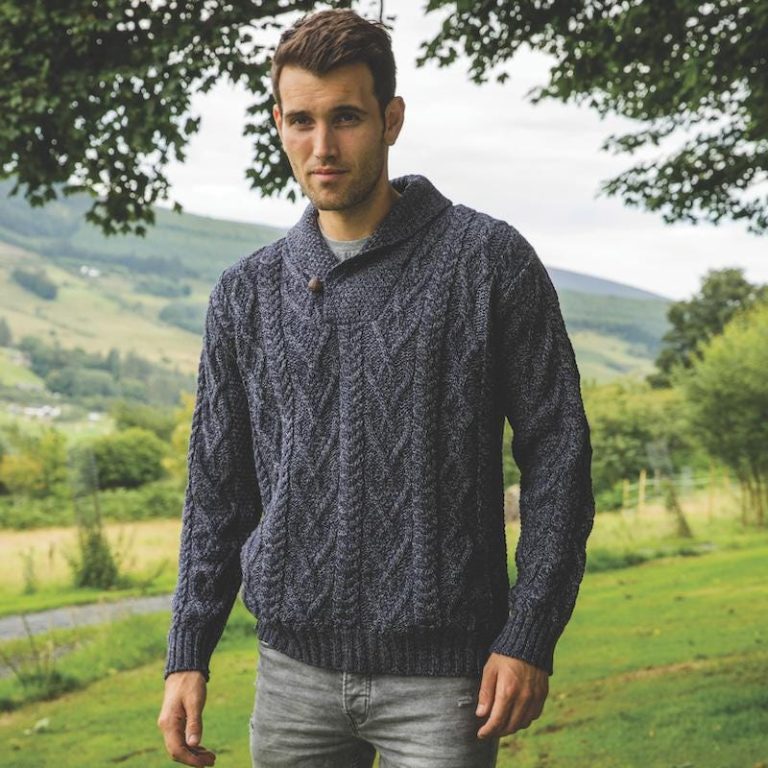 Men's Merino Wool Aran Sweater: V-neck Irish Knit Jumper
