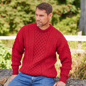 Men's Red Merino Wool Aran Sweater: Traditional Irish Knit