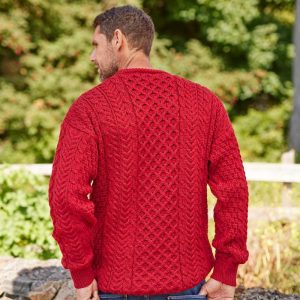 Men's Red Merino Wool Aran Sweater: Traditional Irish Knit