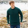 Men's Dark Green Aran Sweater: 100% Merino Wool Irish Knit