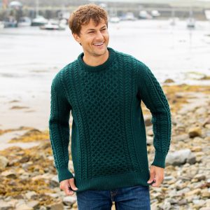 Men's Dark Green Aran Sweater: 100% Merino Wool Irish Knit