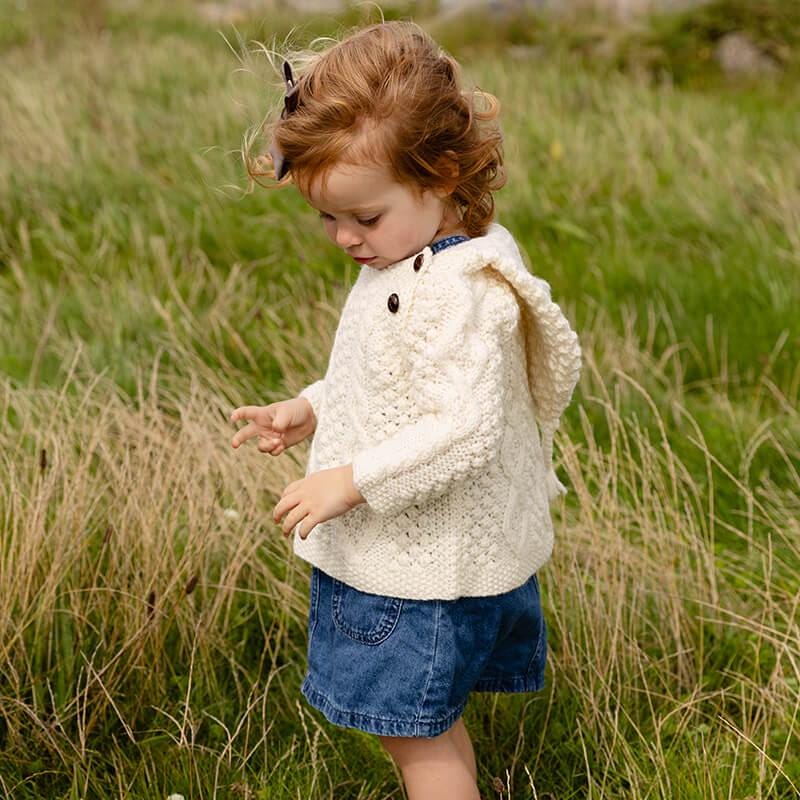 Hand Knit Merino Wool Baby Sweater: Aran Cable Knit, Made In Ireland