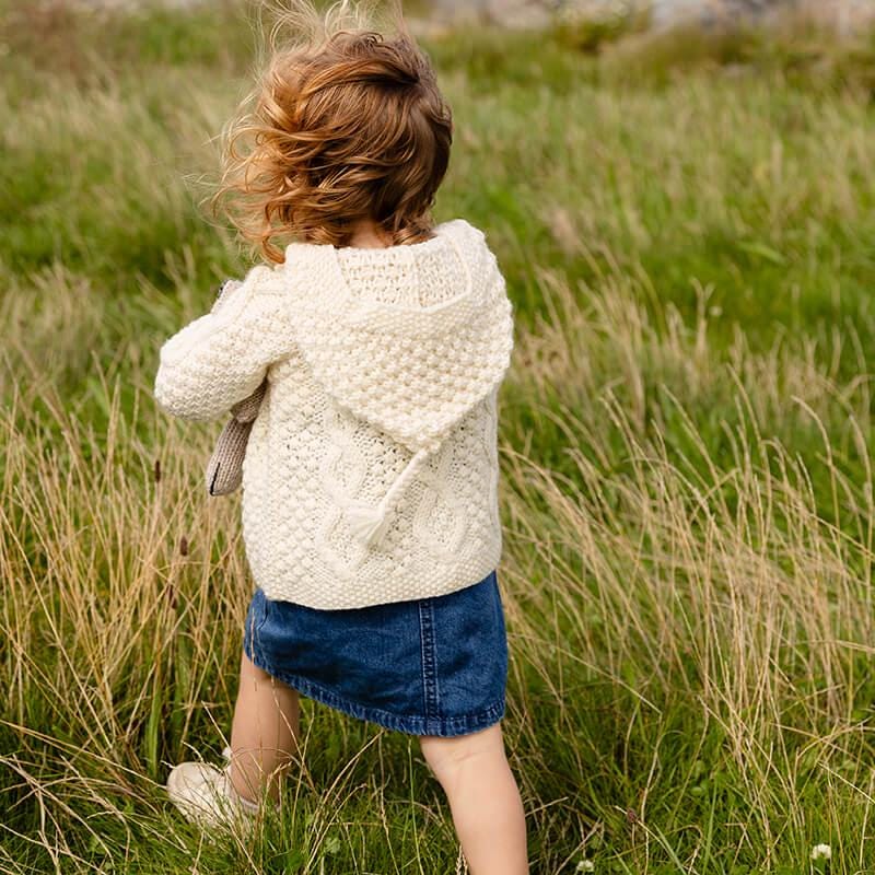 Hand Knit Merino Wool Baby Sweater: Aran Cable Knit, Made In Ireland