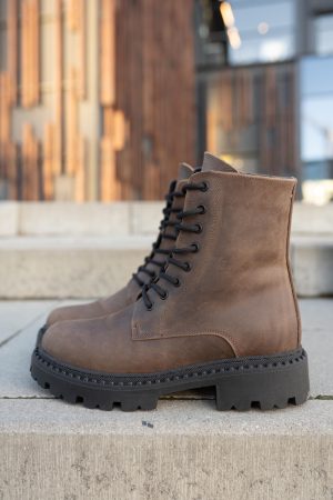 Brown Leather Ankle Boots For Women: Crazy Horse Lace-up Combat Style, Casual Footwear