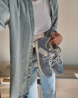 Handmade Retro Light Blue Suede Sneakers: Women's Leather Casual Shoes
