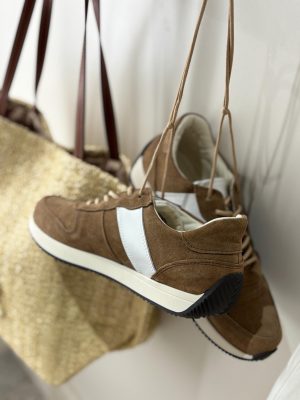 Retro Brown Suede Shoes, Handmade Women's Casual Sneakers, Lace Up Walking Shoes