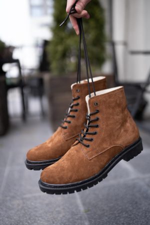 Men Brown Suede Boots, Handmade Leather Ankle Boots, Lace-up Combat Hiking Shoes