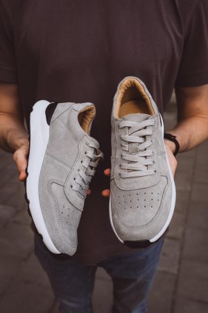 Handmade Suede Men Leather Sneakers: Grey & Brown Lace-up Casual Shoes