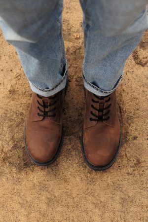 Genuine Leather Combat Boots Men, Handmade Brown Ankle Boots, Work Hiking Shoes