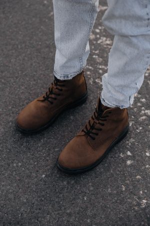 Genuine Leather Combat Boots Men, Handmade Brown Ankle Boots, Work Hiking Shoes