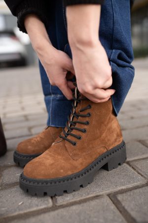Women's Brown Suede Combat Boots: Handmade Lace Up Hiking Style