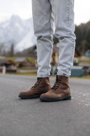 Genuine Leather Combat Boots Men, Handmade Brown Ankle Boots, Work Hiking Shoes
